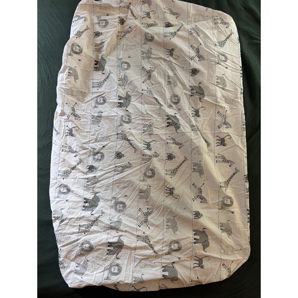 Pottery Barn Kids Organic Cotton Crib Fitted Sheet Safari Animal Grey Wh 52x27